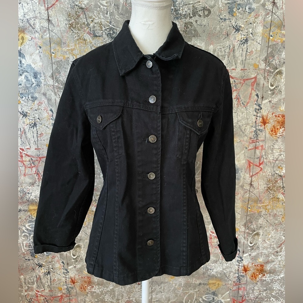 ETAM Unique Black Denim Jacket with Neon Palm Reading Patch on Back. - Picture 2 of 10